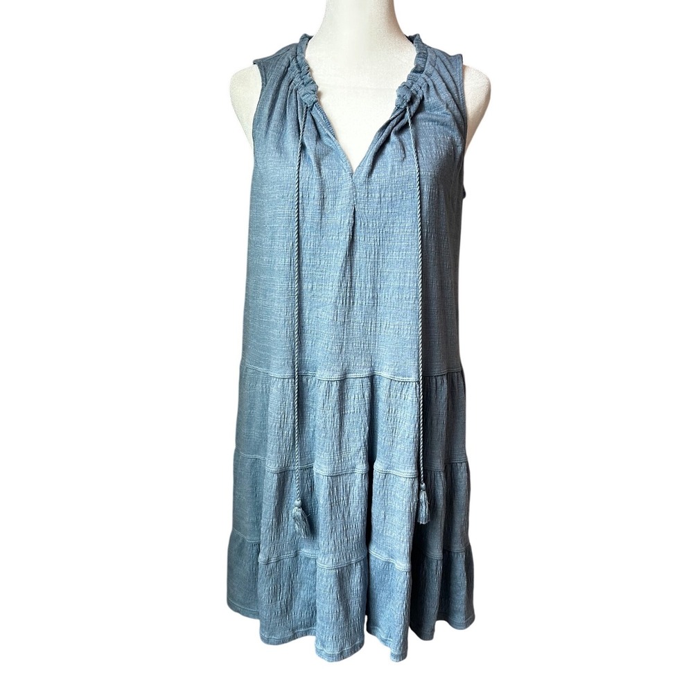 Max Studio Blue Textured Tiered Sleeveless Tassel Shift Swing Dress Small